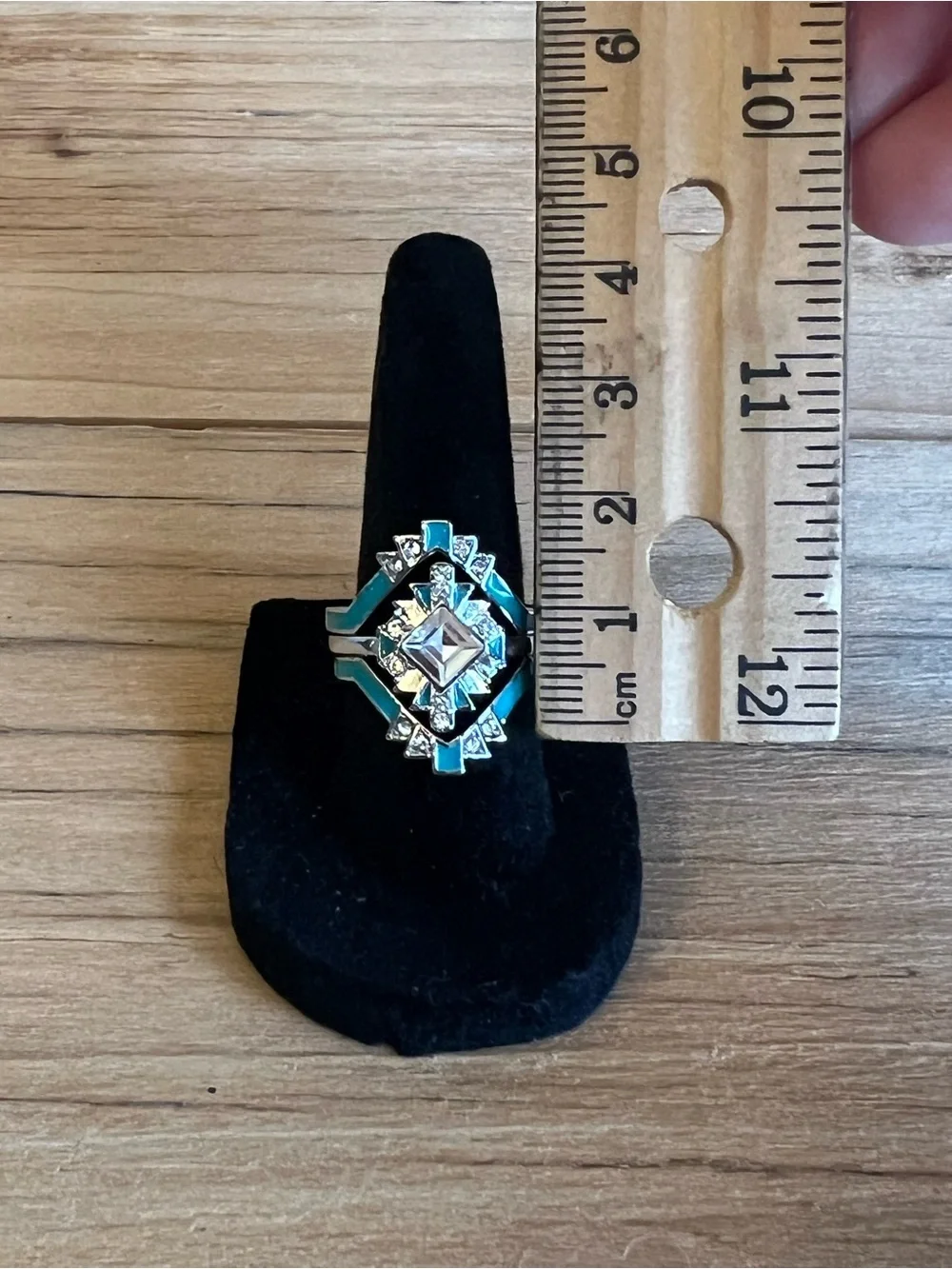 Turquoise Silver Tone Triple Band  Art Deco Fashion Ring-Size 6.5